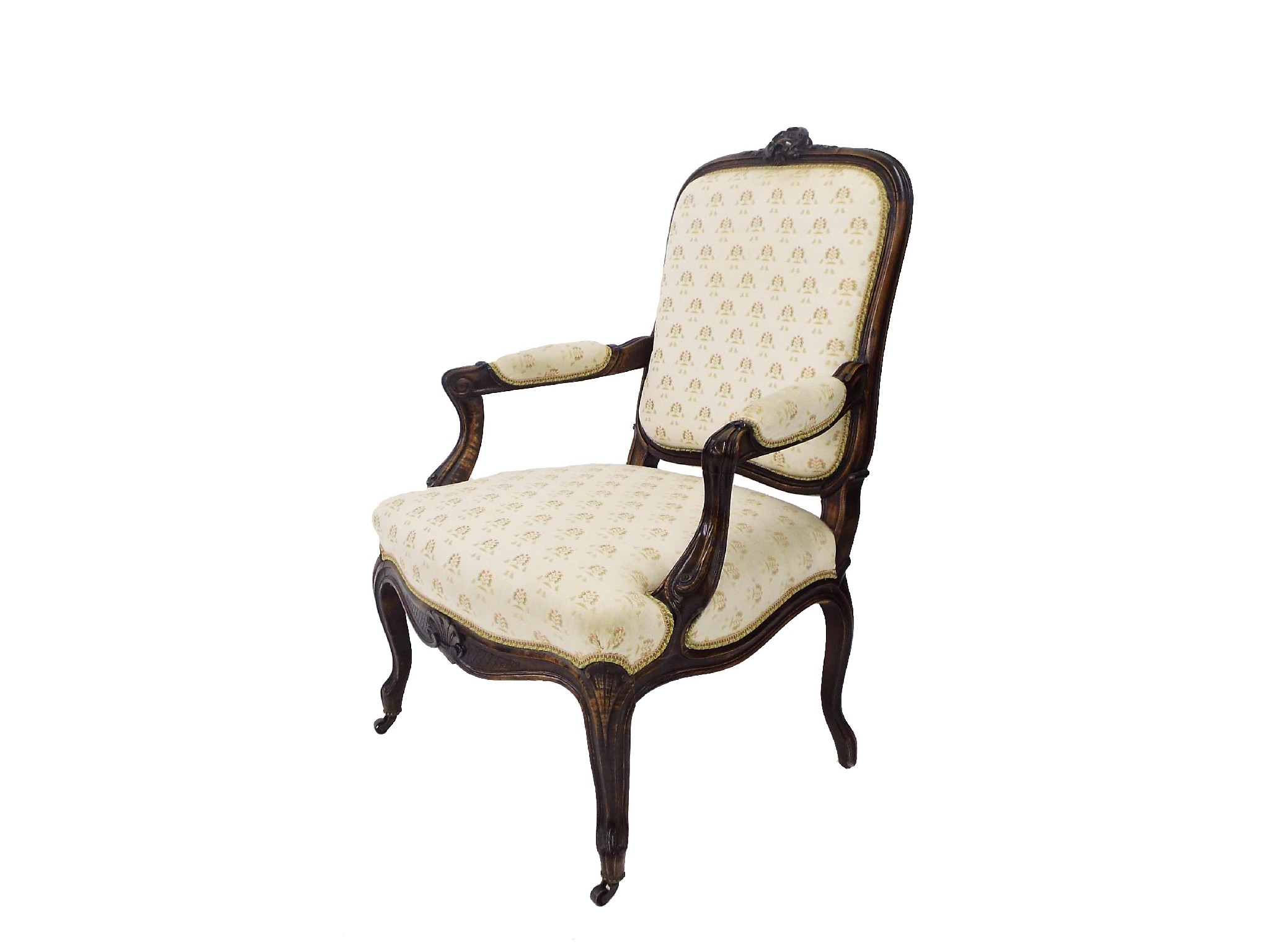 Appraisal: th century walnut stuffover armchair with cream geometric patterned upholstery