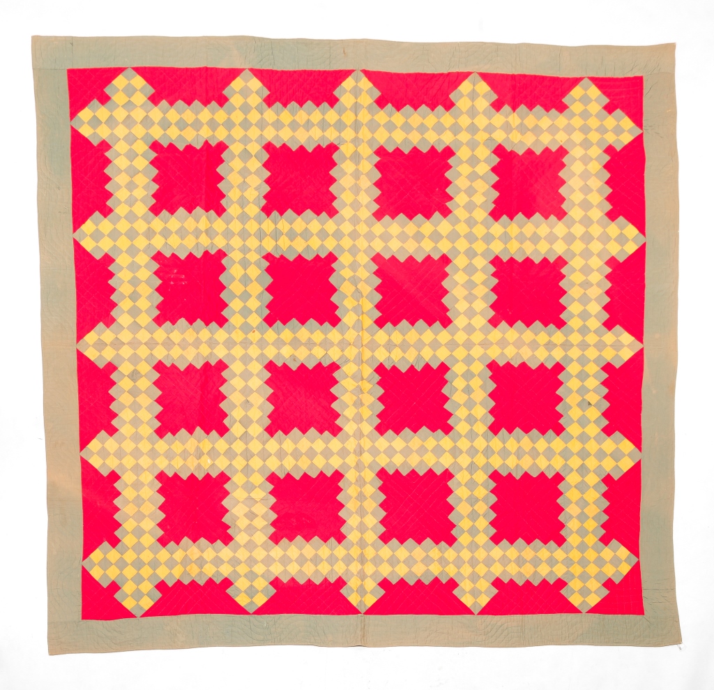 Appraisal: AMERICAN PIECED QUILT Late th century Red yellow and green