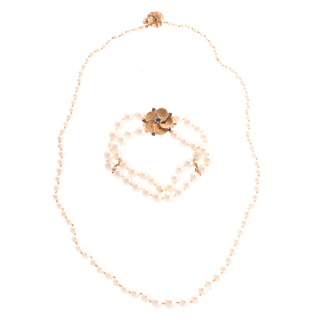 Appraisal: A Pearl Necklace Coordinating Pearl Bracelet K yellow gold pearl