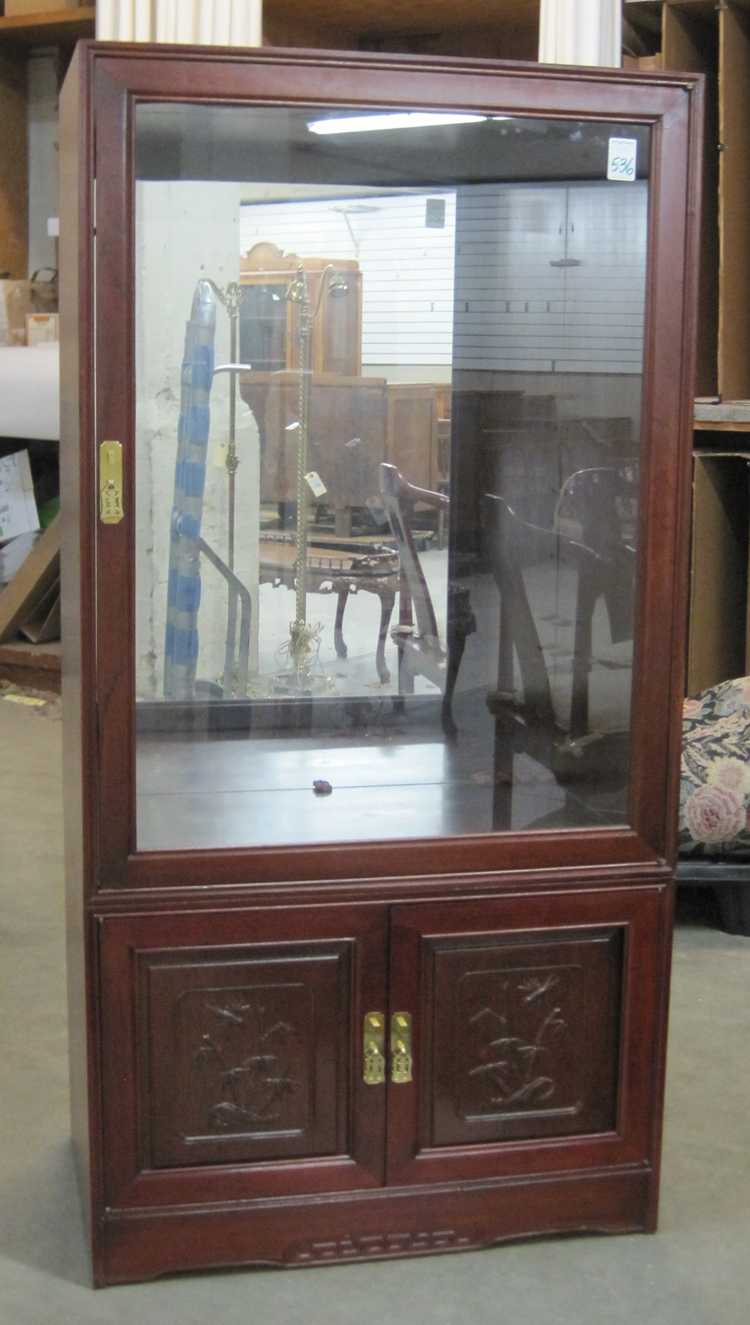 Appraisal: RED TEAK AND GLASS DISPLAY CABINET Chinese th century the