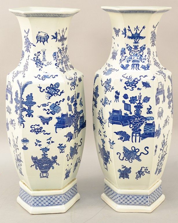 Appraisal: Large pair of blue white hexagonal baluster vases China decorated