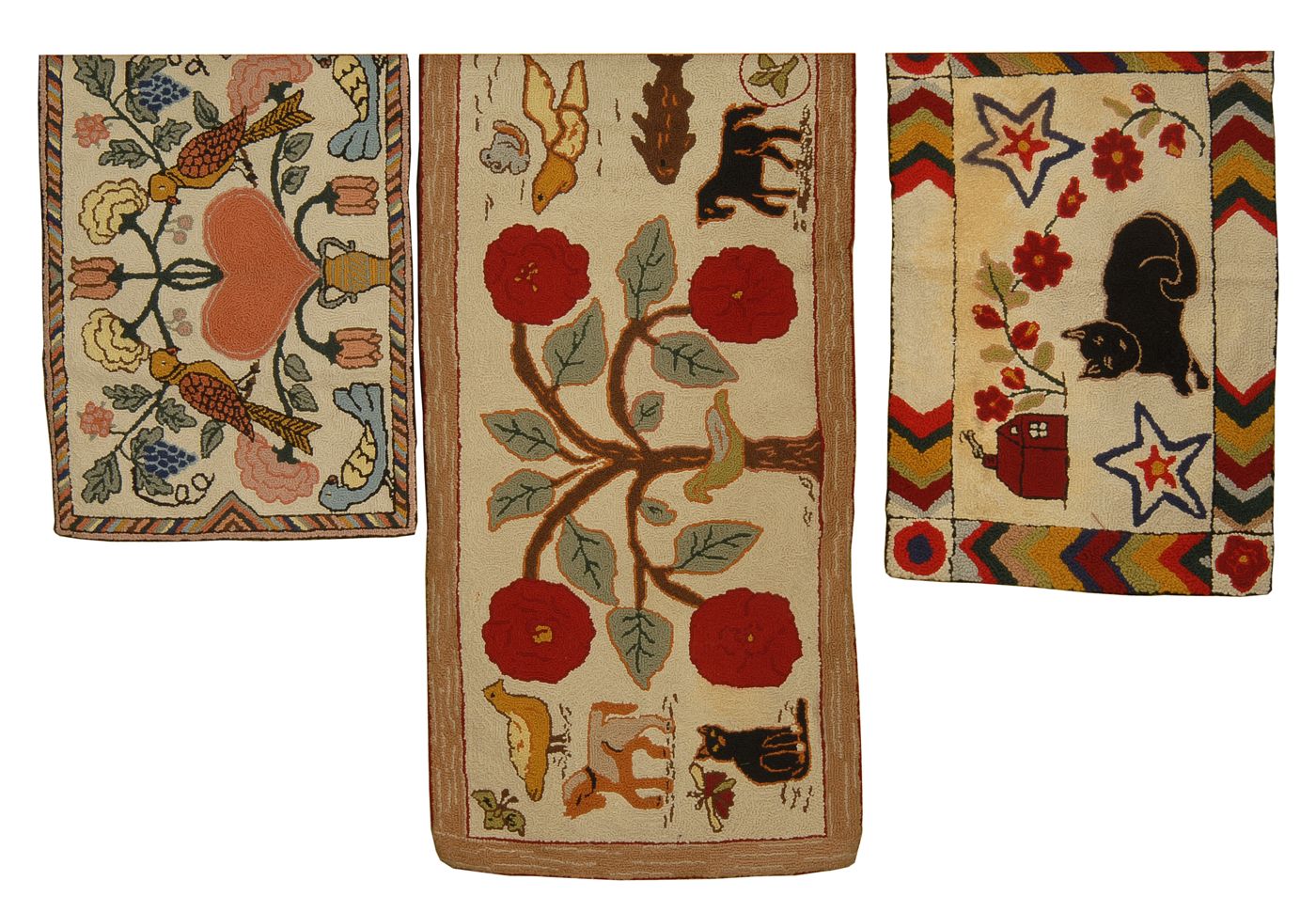 Appraisal: THREE HOOKED RUGS th CenturyWith folk art designs Cat house