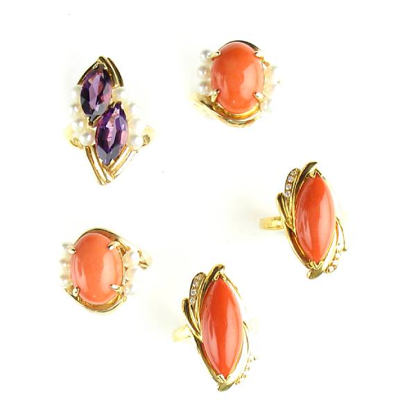 Appraisal: A group of five amethyst freshwater pearl coral diamond and