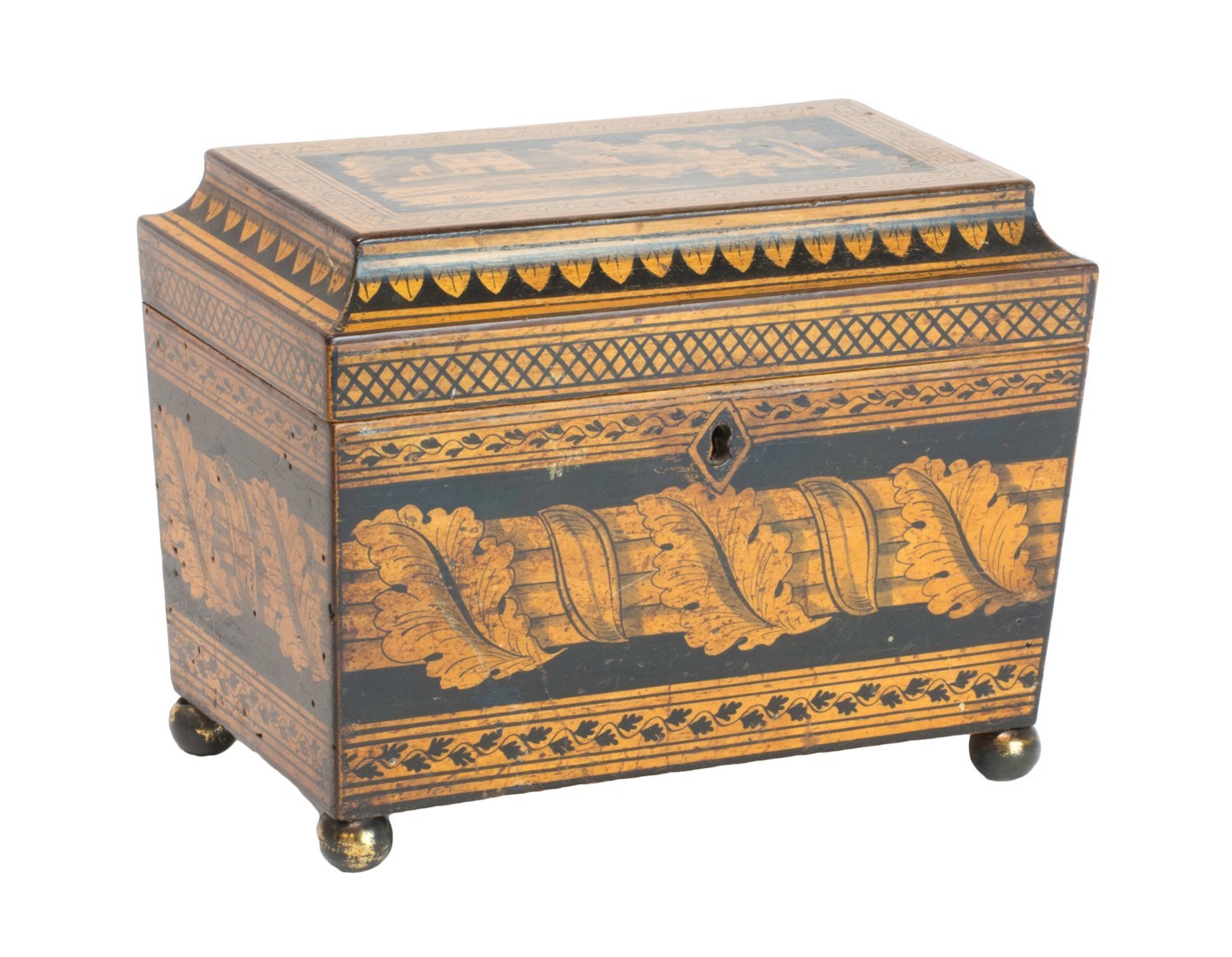 Appraisal: A Regency penwork tea caddy decorated with a country house