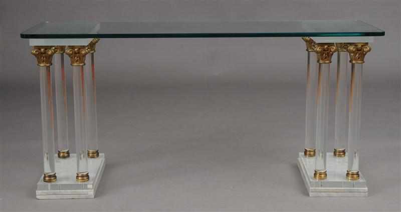 Appraisal: PAIR OF GILT-BRONZE-MOUNTED GLASS MARBLE AND LUCITE CONSOLE TABLES DESIGNED