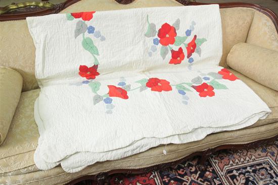 Appraisal: FLORAL APPLIQUE QUILT Morning glory applique in red blue grey