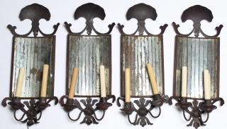 Appraisal: Set of Arts Crafts Mirrored Sconces Pierced and wrought metal