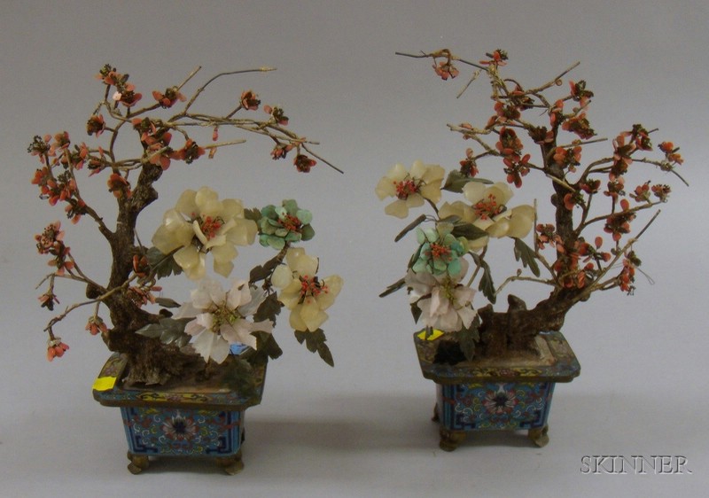 Appraisal: Pair of Chinese Jade and Hardstone Flowering Trees in Footed