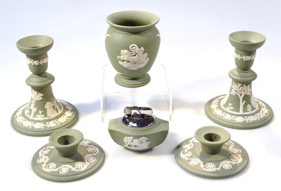 Appraisal: Various Wedgwood green Jasperware to include vase cm high a