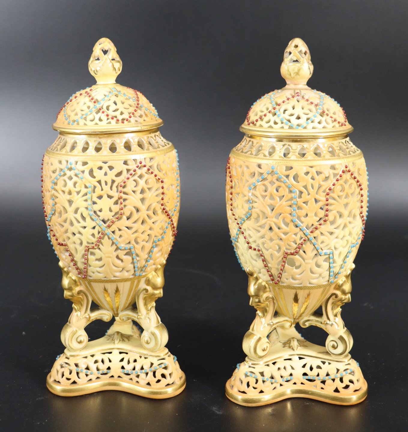 Appraisal: Pair Royal Worcester Jewel Pierced Lidded Urns From a Westchester