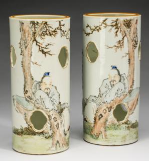 Appraisal: Chinese hat stands w Tao Yuanming Pair of Chinese polychrome