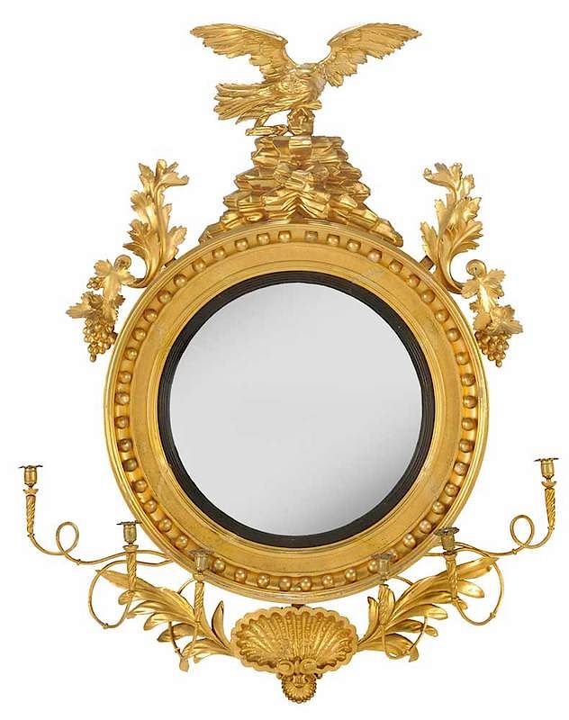 Appraisal: Monumental Carved and Gilt Girandole Mirror American British th century