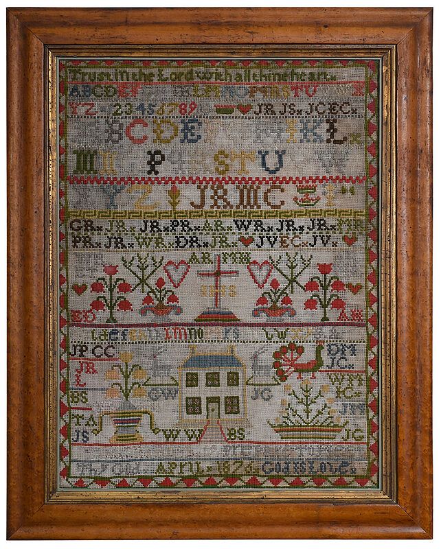 Appraisal: American Wool House Sampler five alphabetic bands over assorted family