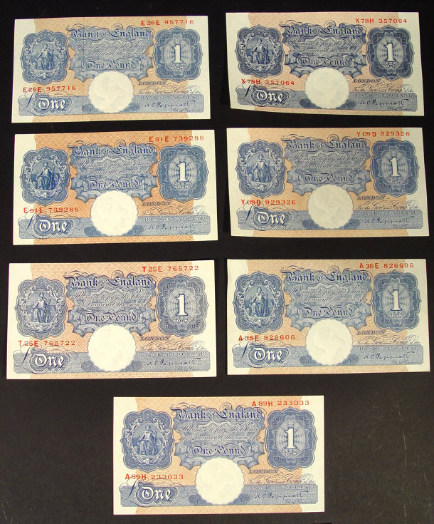 Appraisal: Seven Bank of England one pound notes each signed Peppiatt