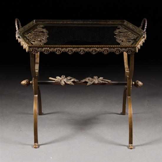 Appraisal: Neoclassical style bronze and beveled glass tray top table removable