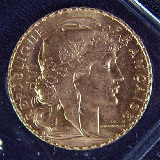 Appraisal: French Rooster Francs Gold Coin-BU N B coin contains oz