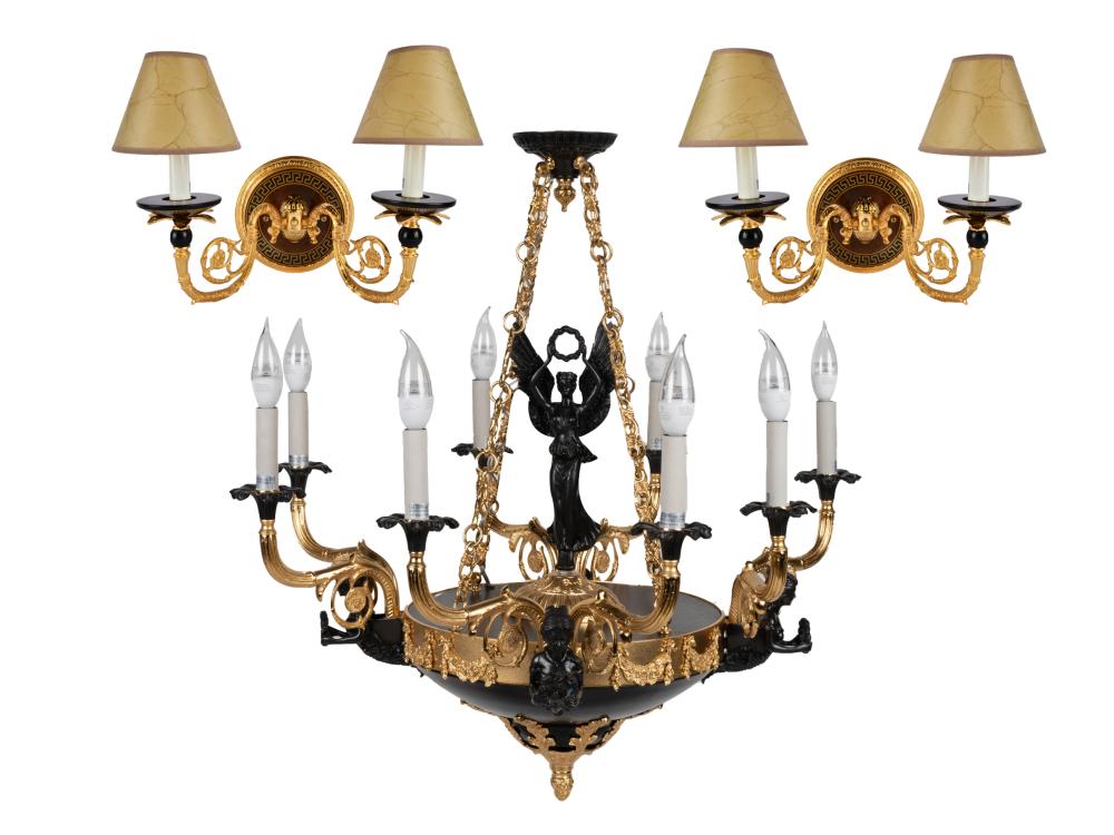 Appraisal: EMPIRE STYLE GILT METAL CHANDELIER SCONCESmodern comprising an eight-light chandelier