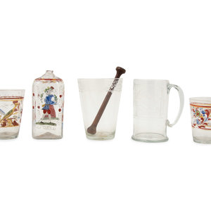 Appraisal: Five Stiegel-Type Glass Articles th Century comprising a polychrome decorated