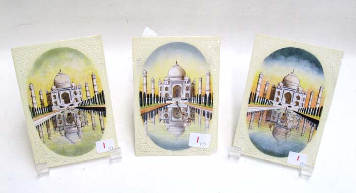 Appraisal: THREE MINIATURE TAJ MAHAL PAINTINGS with hand painted reserves and