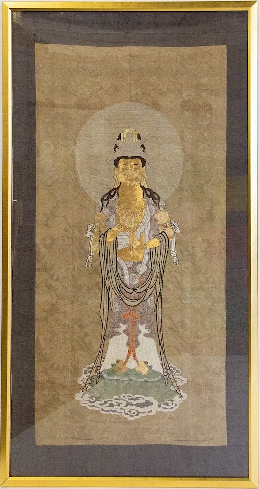 Appraisal: A Gilt Embroidered Tapestry of Guanyin Chinese th Century From