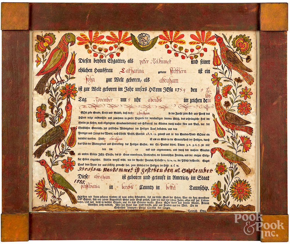 Appraisal: Johann Heinrich Otto fraktur birth certificate Johann Heinrich Otto Southeastern