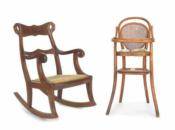 Appraisal: Bentwood highchair possibly Thonet together with a classical mahogany rocking