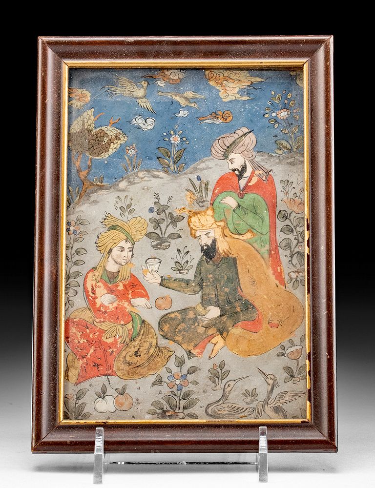 Appraisal: th C Persian Qajar Painting of Garden w Courtiers Near