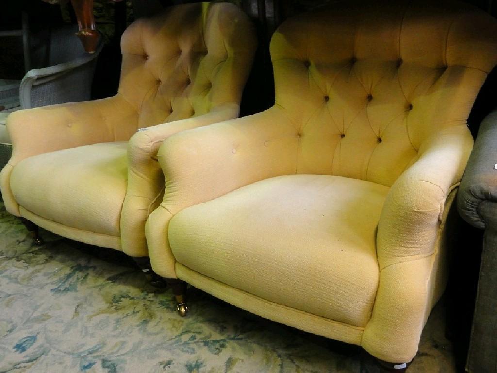 Appraisal: A pair of Victorian style button back armchairs with pale