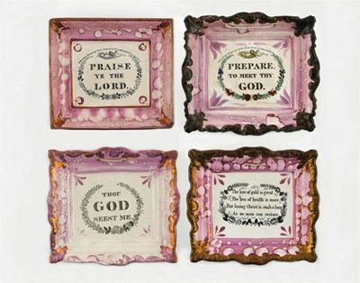 Appraisal: Four Sunderland lustre rectangular wall plaques printed with religious mottoes