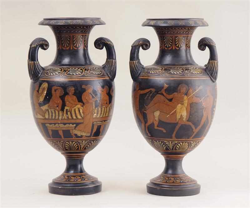 Appraisal: PAIR OF CLASSICAL GREEK STYLE RED-FIGURE TWO-HANDLED VASES Each ovoid