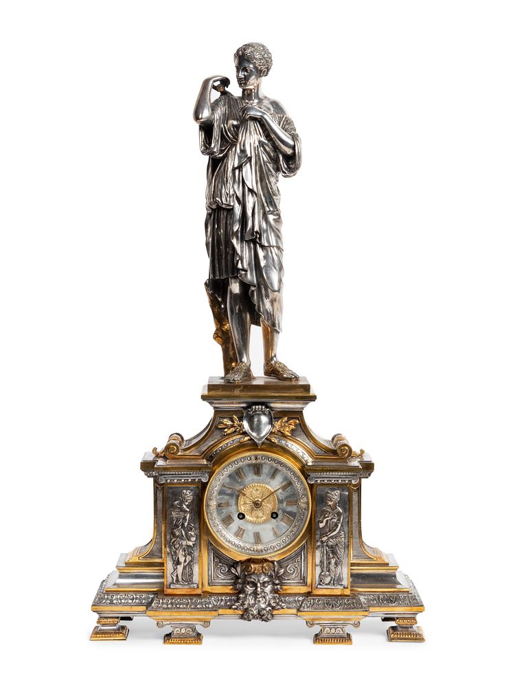 Appraisal: A French Gilt and Silvered Bronze Figural Mantel Clock A