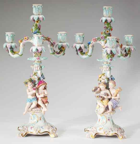 Appraisal: Pair of Meissen Four Seasons Candelabra th century porcelain four