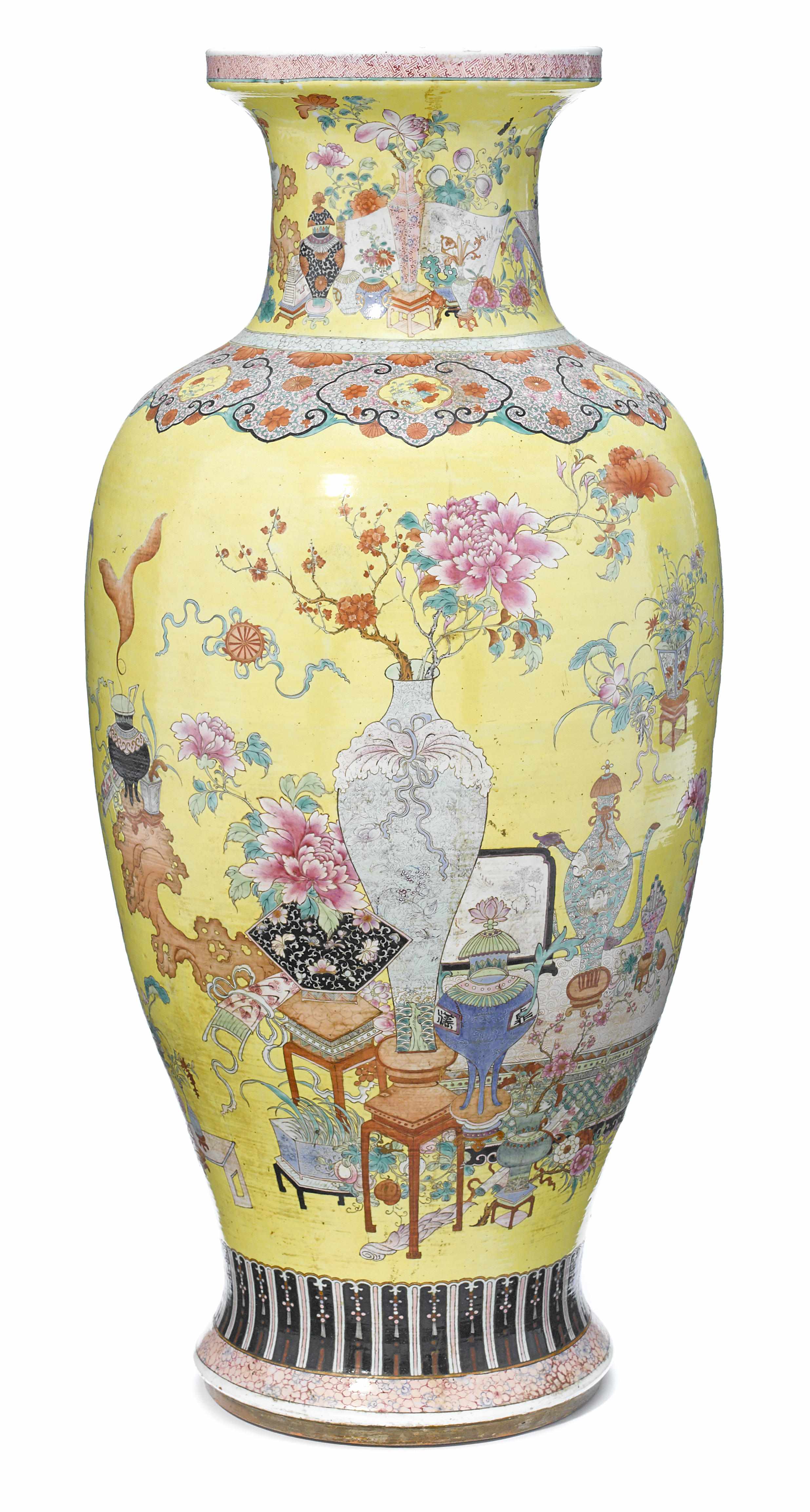 Appraisal: A large Chinese yellow ground floor vase early th century