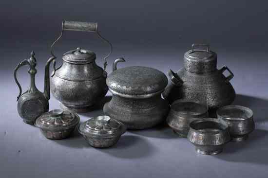 Appraisal: NINE ISLAMIC TINNED-COPPER VESSELS Kettle ewer two dishes and cover