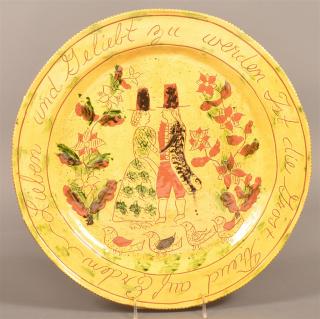 Appraisal: Breininger Redware Pottery Marriage Charger Breininger Redware Pottery Sgrafitto Decorated