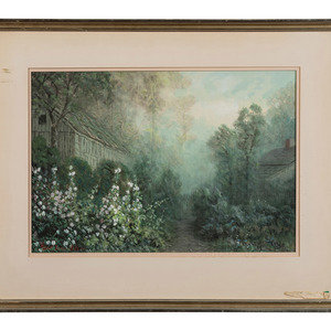 Appraisal: Robert Burns Wilson American - Landscape with Hollyhocks and Cabin