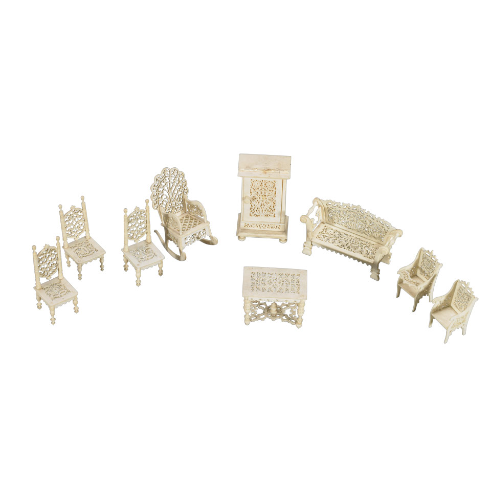 Appraisal: Nine Piece Anglo-Indian Vizagapatam Indian Miniature Pierced Ivory Furniture Suite