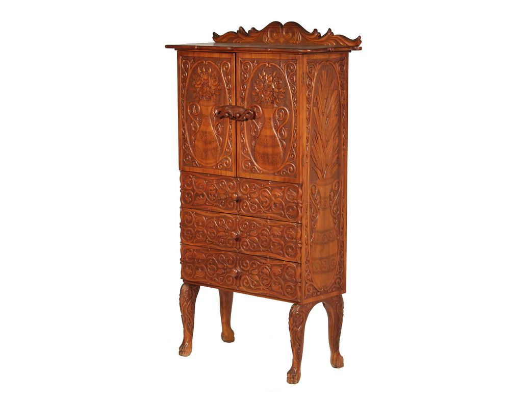 Appraisal: FOLK ART CARVED CABINET - Eucalyptus Office Cabinet carved by