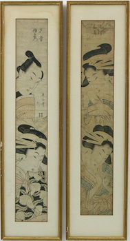 Appraisal: Eizan Kikugawa Japanese - A framed pair of Japanese woodblock