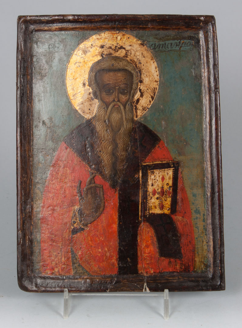 Appraisal: Russian icon of St Athanasius tempera and gilding on carved