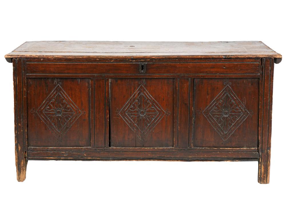 Appraisal: ENGLISH CARVED OAK CHESTthe hinged top over three panels each