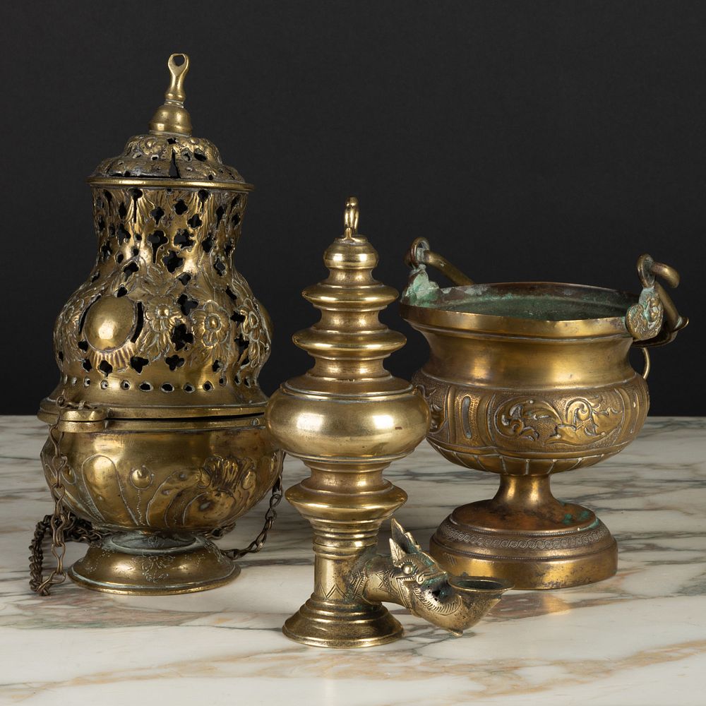 Appraisal: Group of Three Continental Brass Objects Comprising A Pierced and