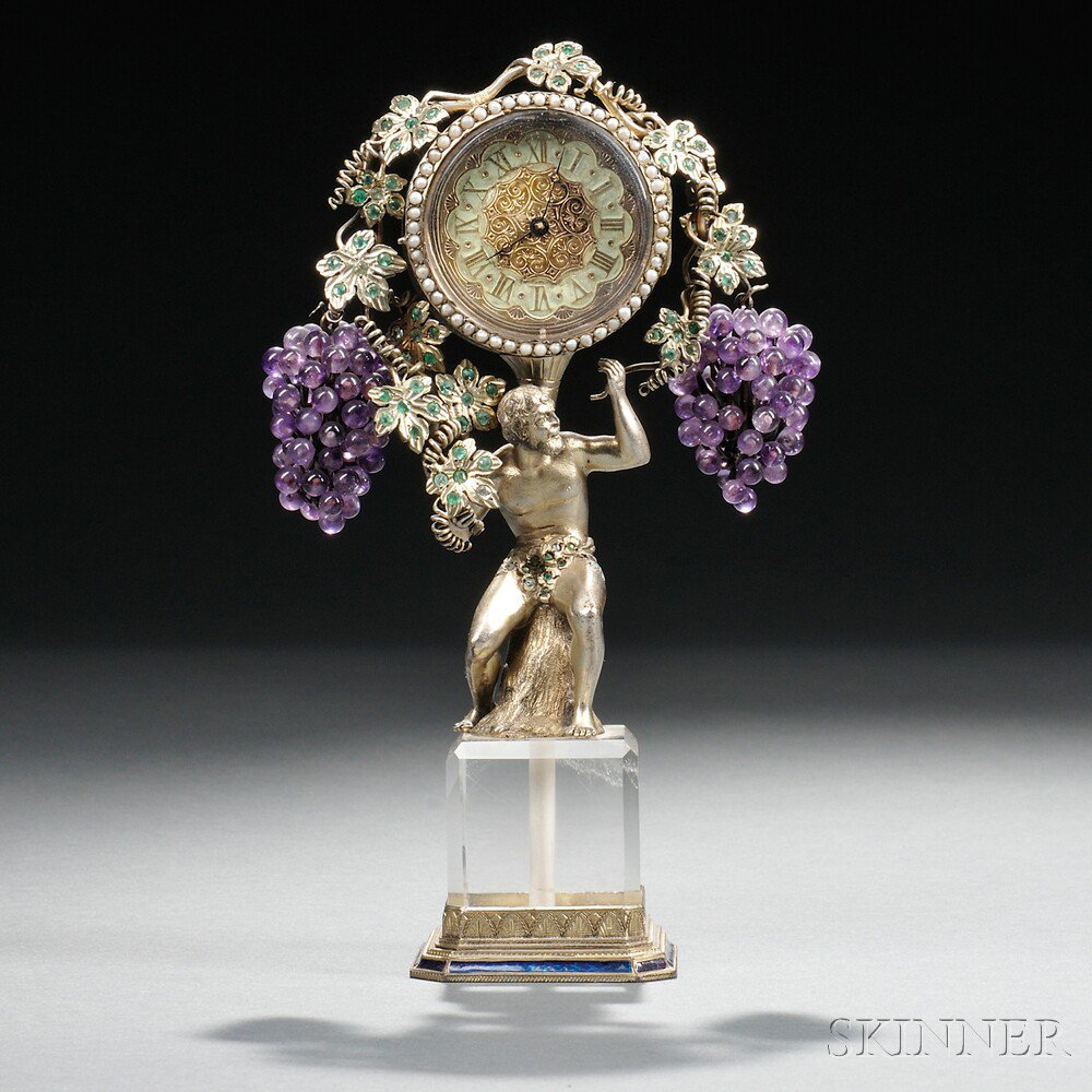 Appraisal: Viennese Silver Enamel and Rock Crystal Figural Clock Austria late