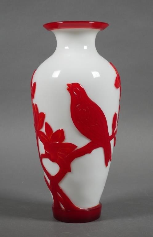 Appraisal: PEKING GLASS CAMEO VASE RED ON WHITERed Peking cameo glass