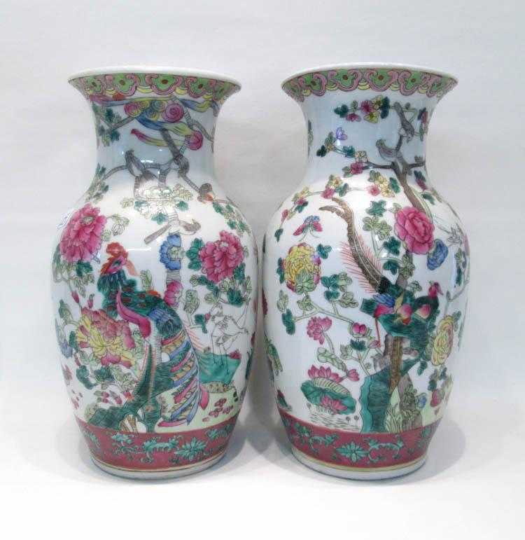 Appraisal: PAIR OF CHINESE PORCELAIN VASES baluster form hand enameled with