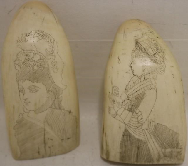 Appraisal: TWO TH C SCRIMSHAW WHALE TEETH ONE DEPICTSA FULL LENGTH