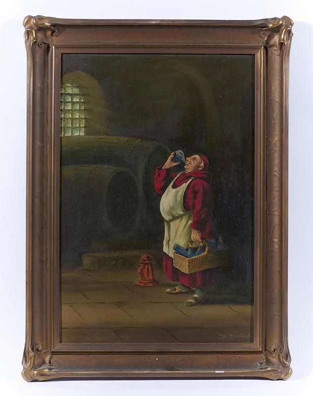 Appraisal: Richard Detreville Monk in Wine Cellar oil on canvas board