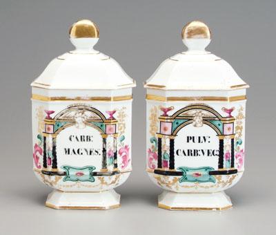 Appraisal: Two porcelain apothecary jars hand painted with Asian figures below