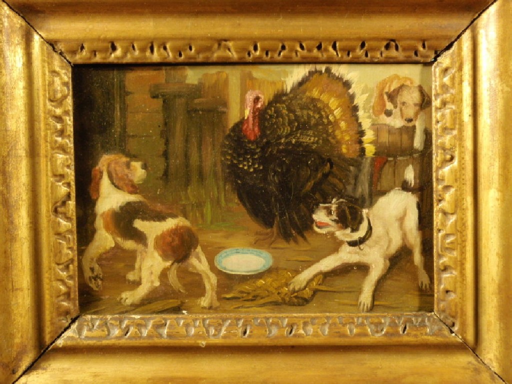 Appraisal: A farmyard scene with a turkey and three dogs oil