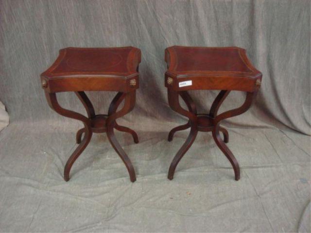 Appraisal: Pair of Tooled Leather Top Tables with Lion Heads and